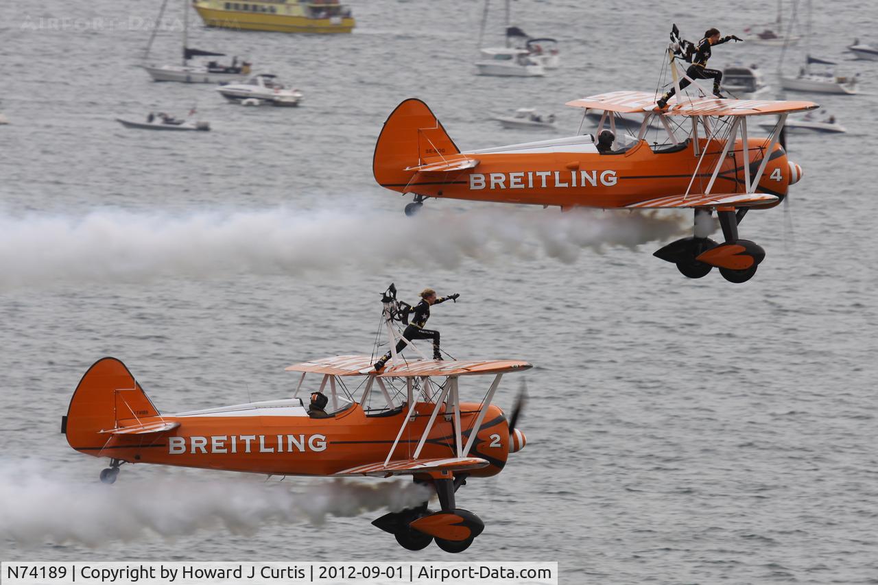 N74189, 1941 Boeing PT-17/R985 Kaydet (A75N1) C/N 75-717, N74189/2 and SE-BOG/4 at the Bournemouth Air Festival.