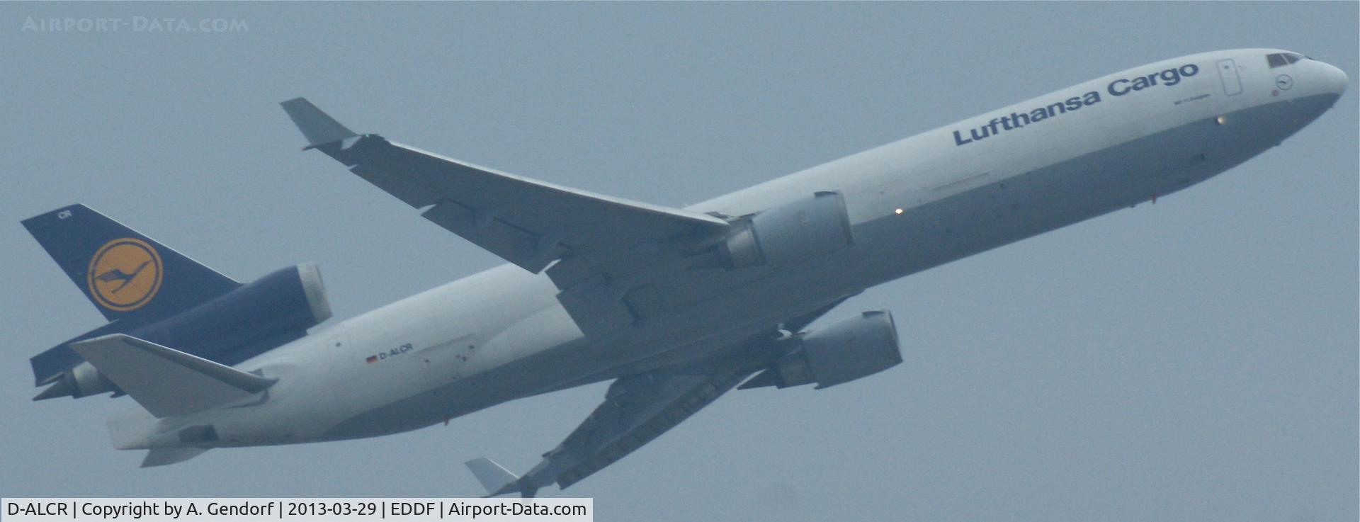 D-ALCR, 1994 McDonnell Douglas MD-11F C/N 48581, Lufthansa Cargo, is climbing out at Frankfurt Int´l (EDDF)