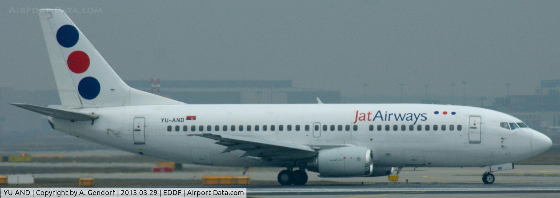 YU-AND, 1985 Boeing 737-3H9 C/N 23329/1134, JAT Airways, is waiting for take off clearence at Frankfurt Int´l (EDDF)