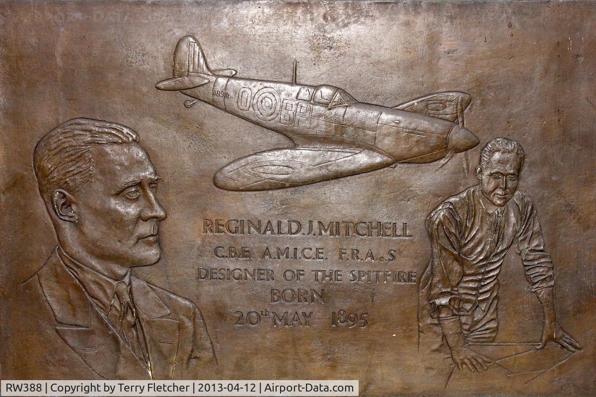 RW388, 1945 Supermarine 361 Spitfire LF.XVIe C/N CBAF.IX.4646, Plaque at Potteries Museum & Art Gallery , commemorating local born Spitfire designer, 
R.J.Mitchell  and RW388 a 1945 Supermarine 361 Spitfire LF.XVIe, c/n: CBAF.IX.4646 example of the type