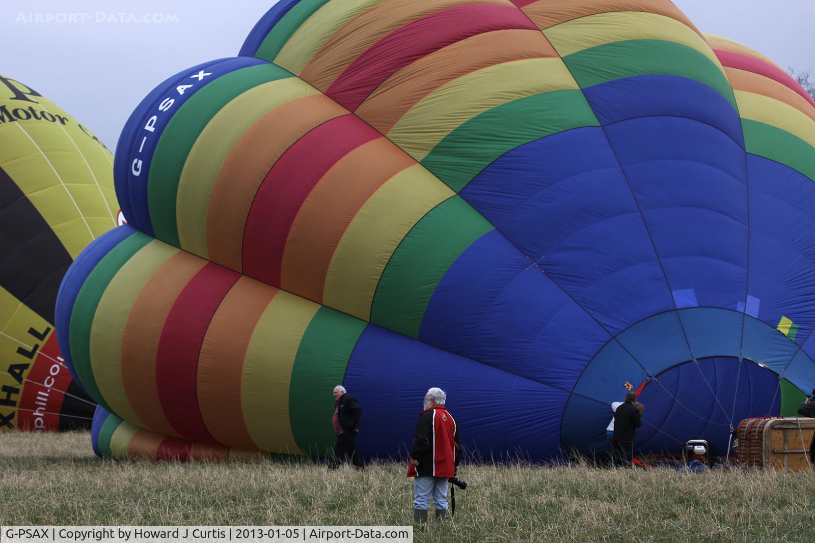 G-PSAX, 2003 Lindstrand Balloons Ltd LBL 77B C/N 960, At the 2013 Icicle Balloon Meet, Savernake Forest, Wilts. Slowly being inflated, with G-OUMC behind.