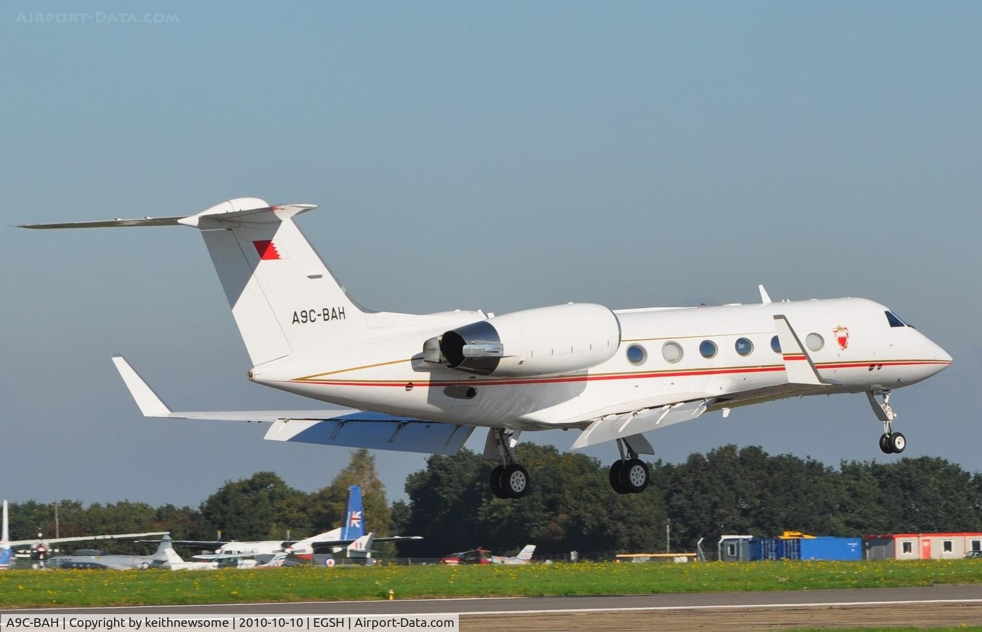 A9C-BAH, 1998 Gulfstream Aerospace Gulfstream IVSP C/N 1353, Bahrain Royal Flight,arriving at Norwich for paintwork !