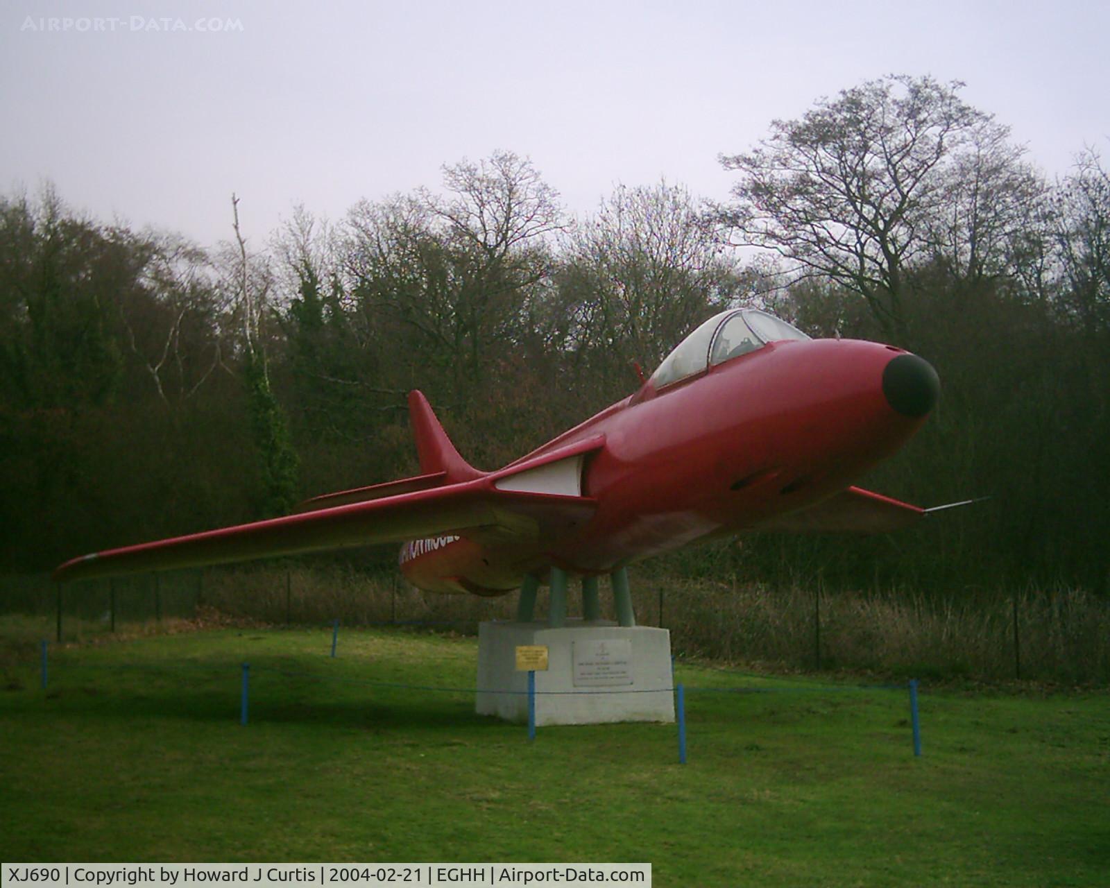 XJ690, 1957 Hawker Hunter FGA.9 C/N 41H/688081, Hunter composite (using Danish two-seater ET-273), still on a plinth here.