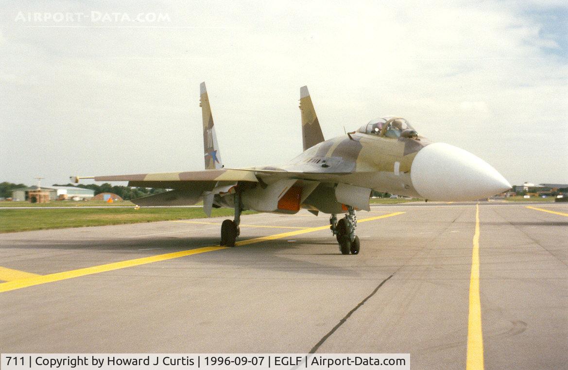 711, Sukhoi Su-37 Flanker C/N 79871011104, Actually a Su-35 when shown here. At the Farnborough Air Show.