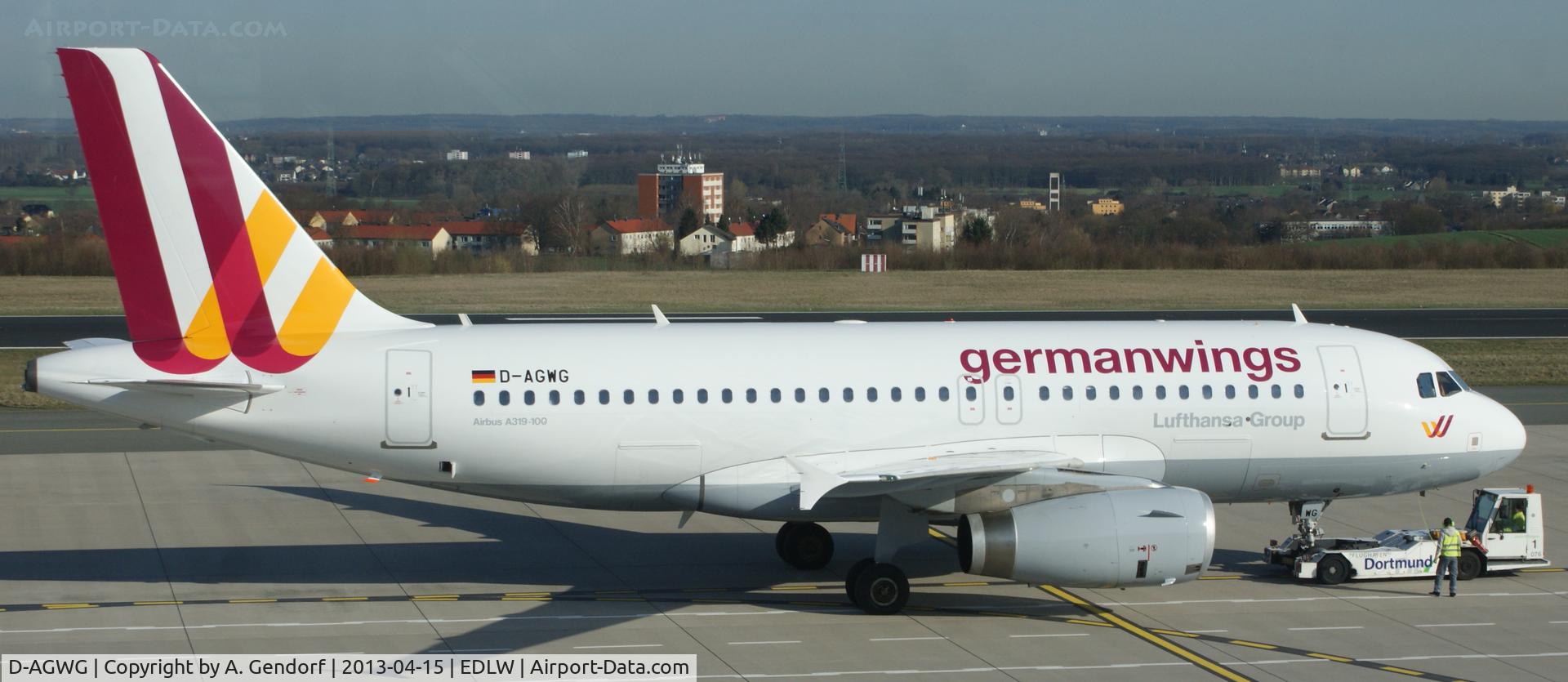 D-AGWG, 2007 Airbus A319-132 C/N 3193, Germanwings, will be pushed back to the gate after arrival at Dortmund (EDLW)