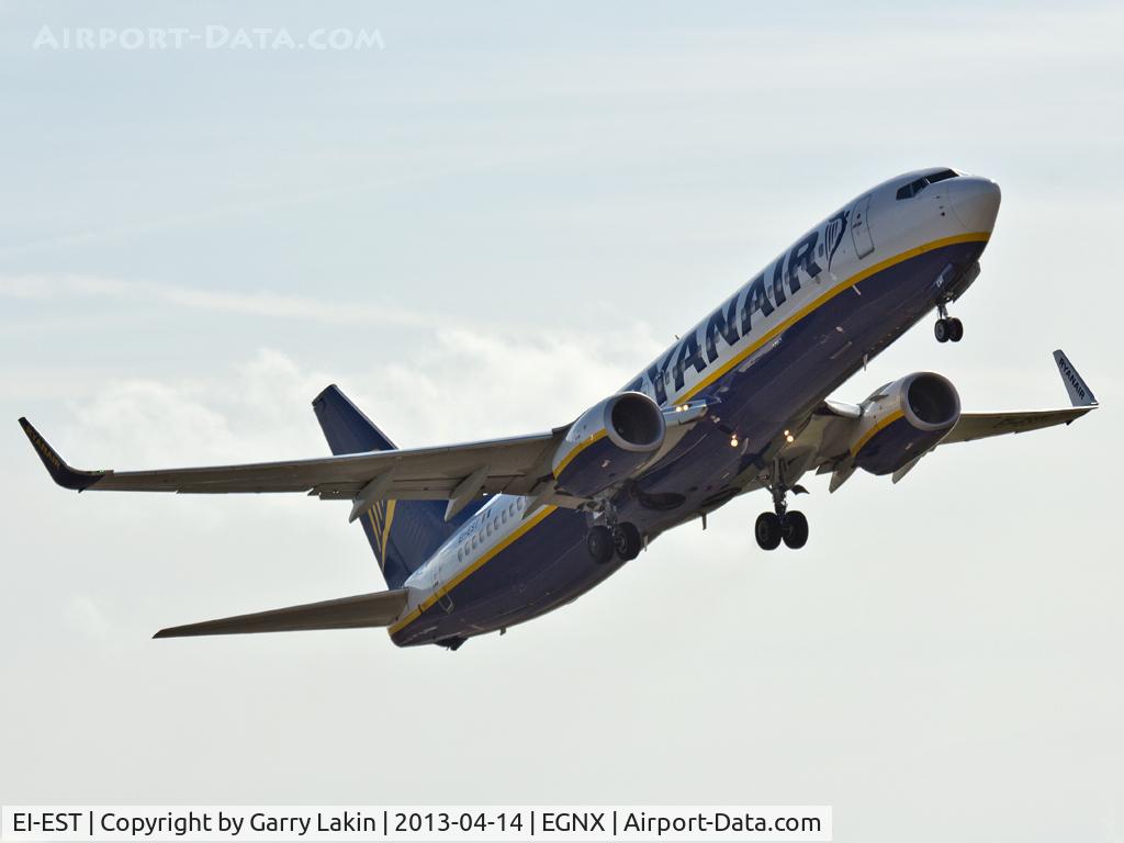 EI-EST, 2011 Boeing 737-8AS C/N 34994, Windy take off at East Midlands Airport