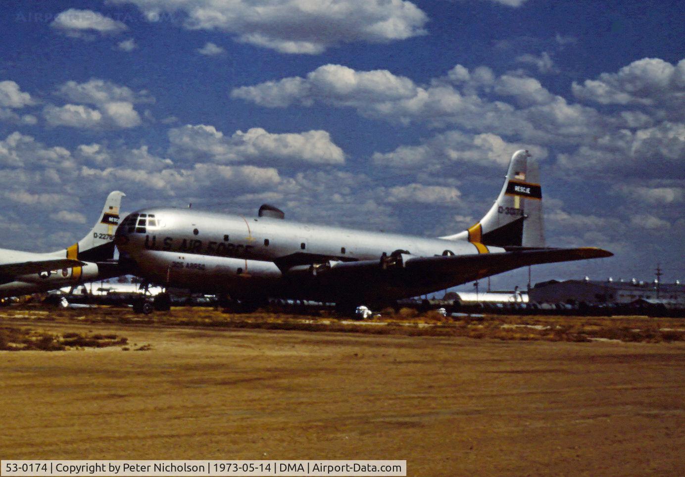 53-0174, 1953 Boeing HC-97G Stratofreighter C/N 16956, HC-97G Stratofreighter of 305th ARRS in storage at what was then known as the Military Aircraft Storage & Disposition Centre - MASDC - in May 1973.