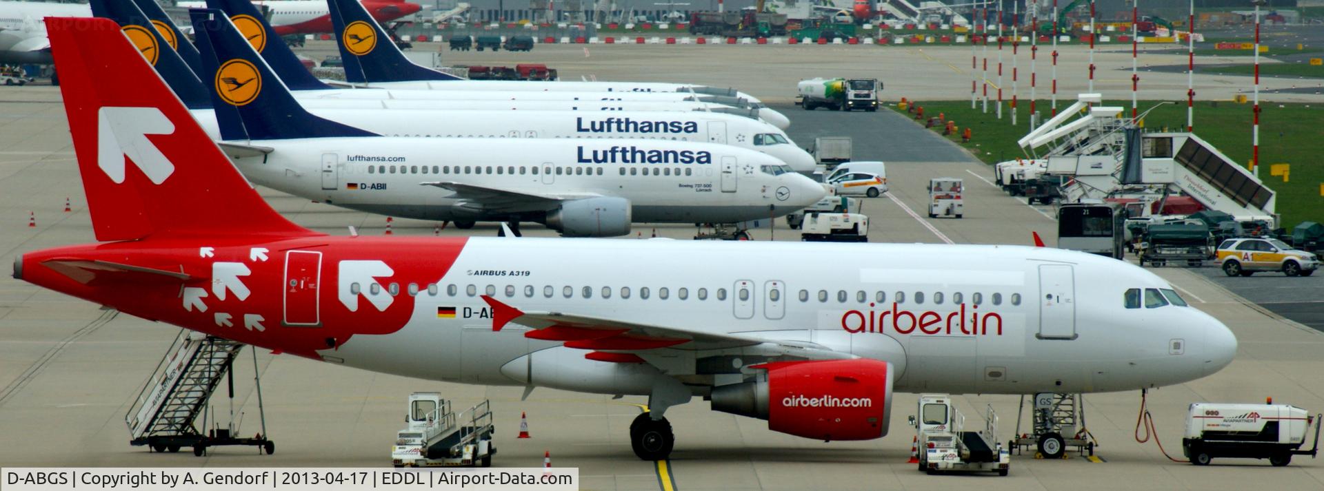 D-ABGS, 2009 Airbus A319-112 C/N 3865, Air Berlin (OLT-Express cs.), is parked on the apron at Düsseldorf Int´l (EDDL)
