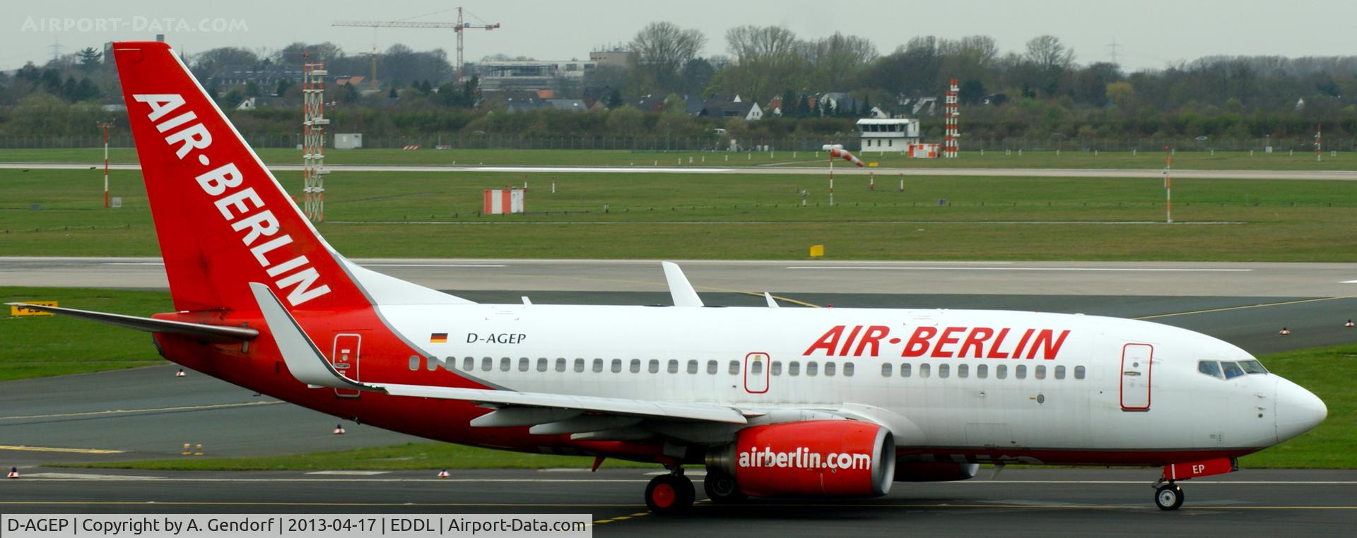 D-AGEP, 1998 Boeing 737-75B C/N 28102, Germania (Air Berlin cs.), is taxiing at Düsseldorf Int´l (EDDL) for departure