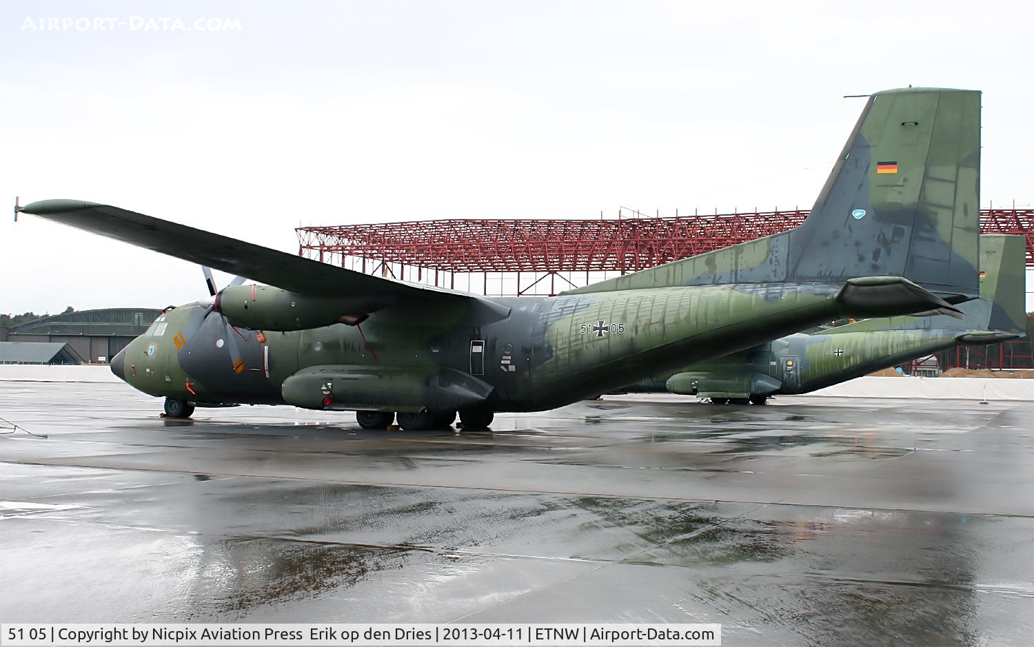 51 05, Transall C-160D C/N D142, 5105 seen here on the ramp of Wunstorf AB and behind the new A-400M Grizzly hangars are built.