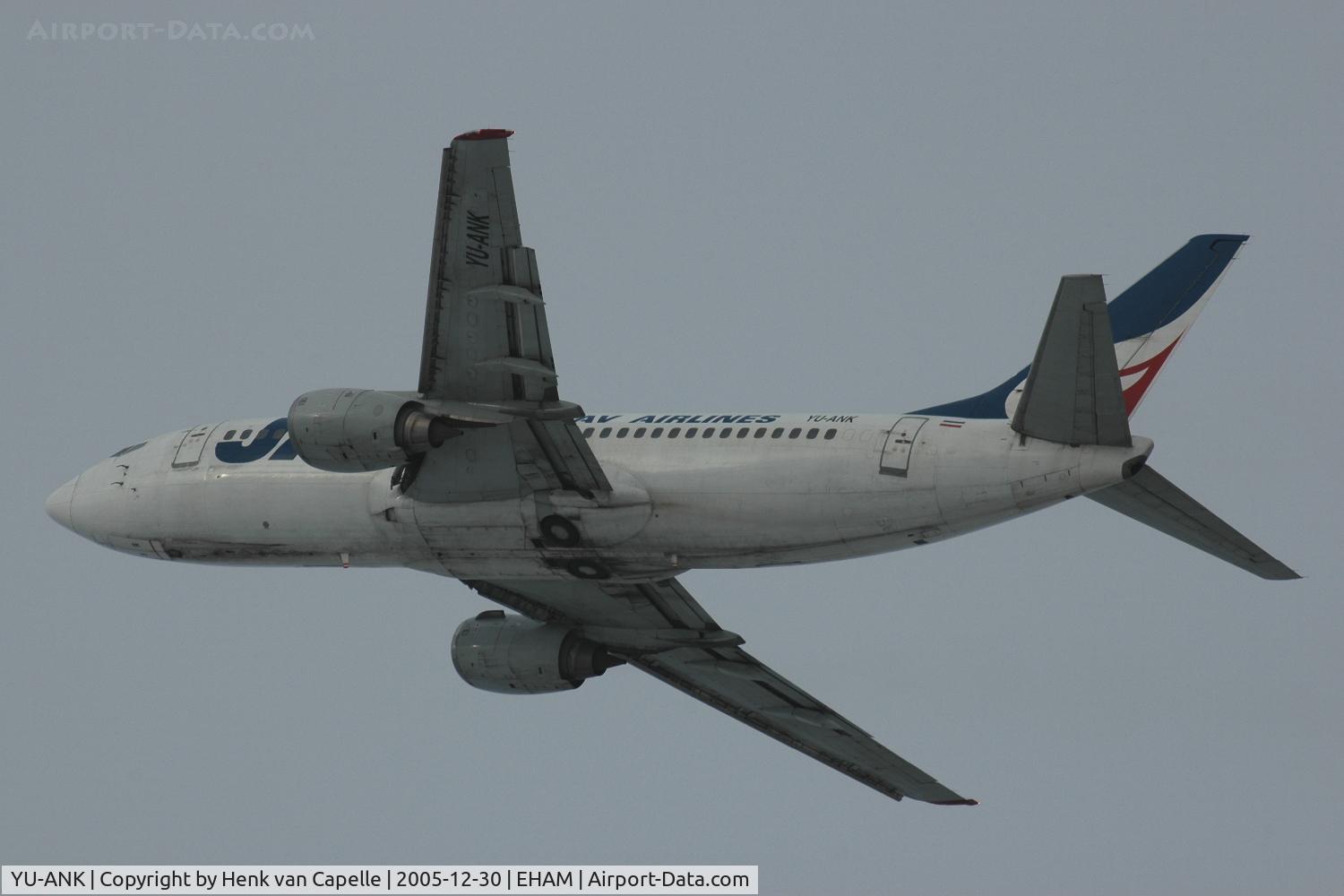 YU-ANK, 1986 Boeing 737-3H9 C/N 23715/1310, JAT Boeing 737-300 taking off from Amsterdam Schiphol airport, the Netherlands.