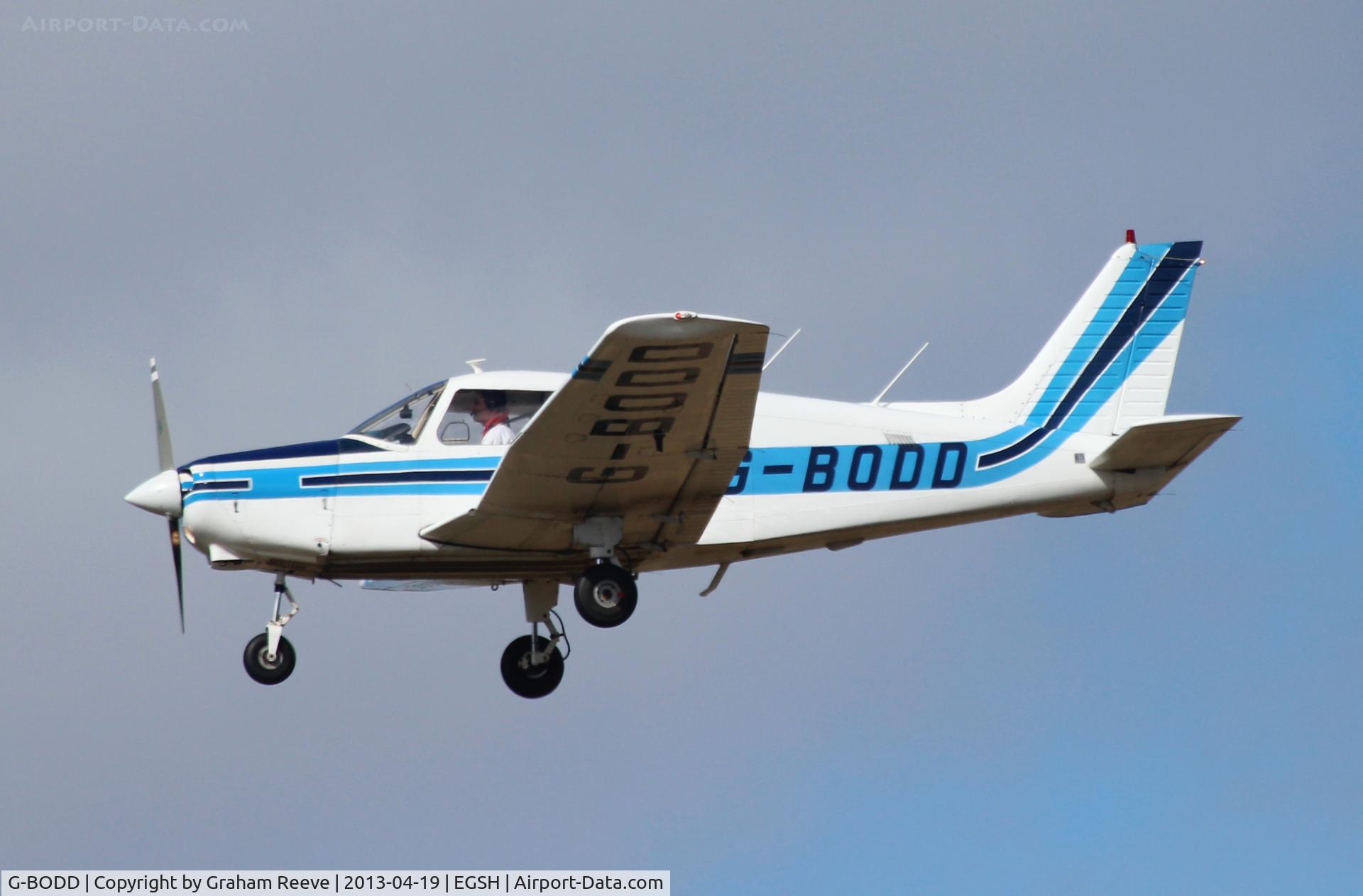 G-BODD, 1988 Piper PA-28-161 Cherokee Warrior II C/N 2816040, About to land.