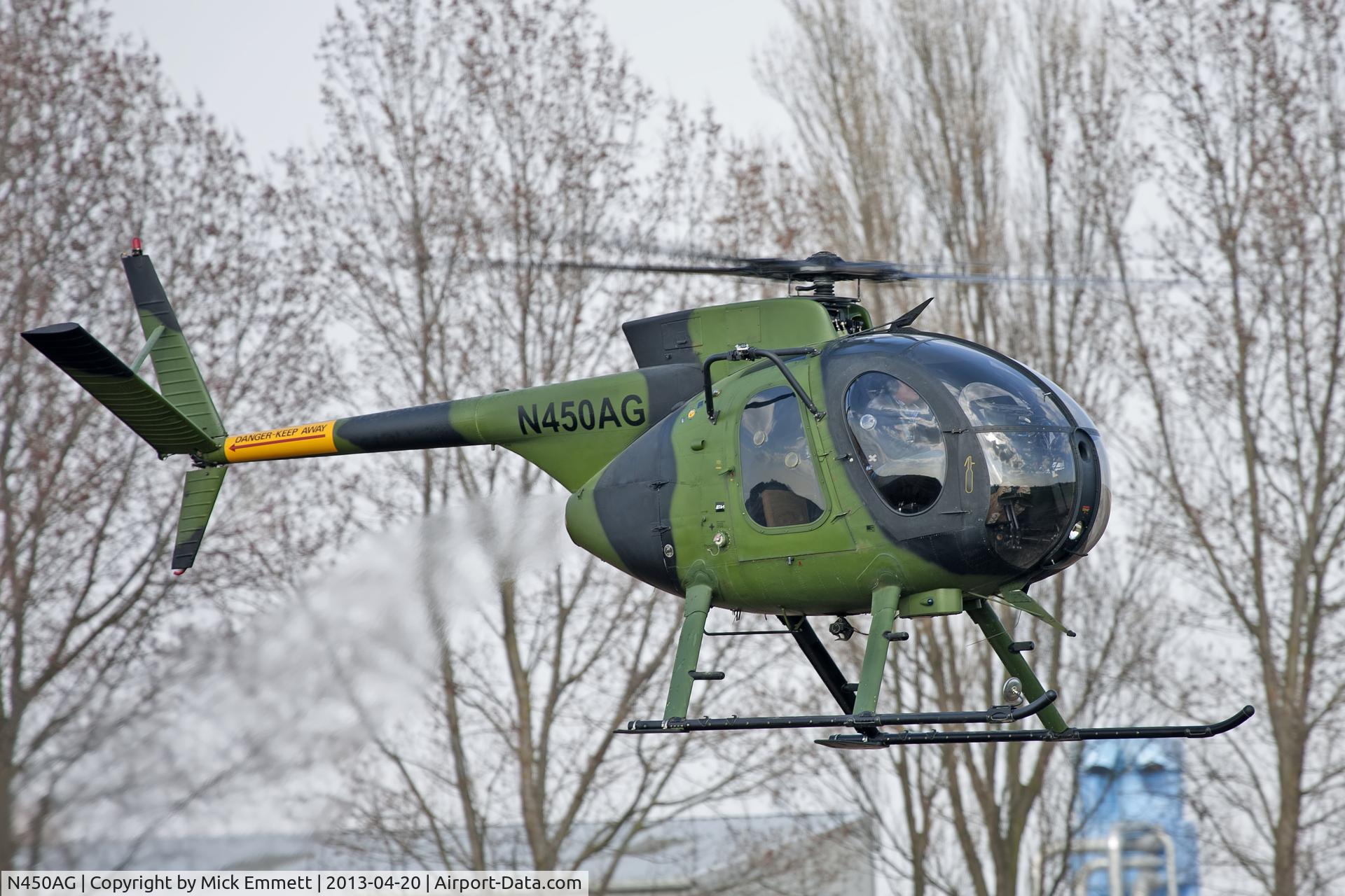 N450AG, 1971 MD Helicopters 369HM C/N 1090202M, Coming in to refuel at Breighton Aerodrome, Yorkshire.
