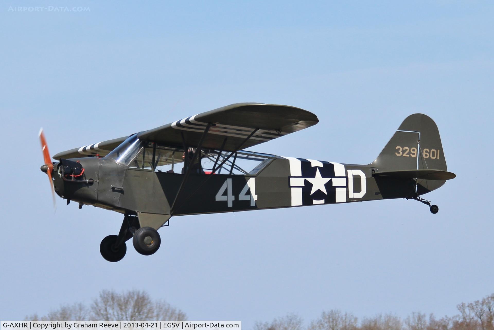 G-AXHR, 1943 Piper L-4H Grasshopper (J3C-65D) C/N 10892, Departing from Old Buckenham.