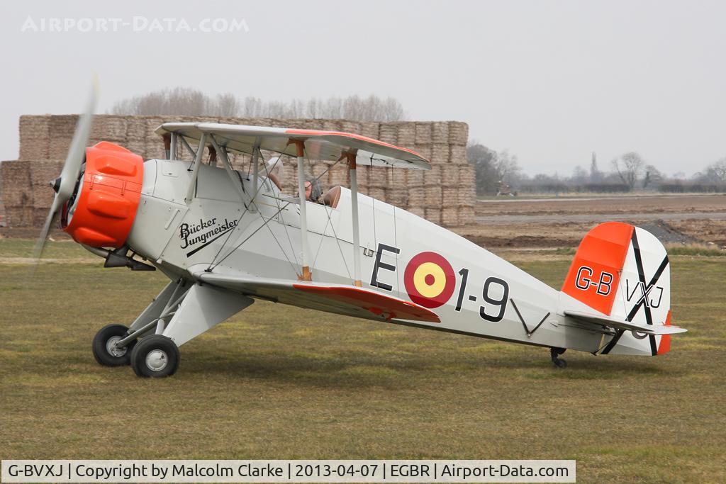 G-BVXJ, 1937 Bucker Bu-133C Jungmeister C/N E-19, CASA 1-133C Jungmeister at The Real Aeroplane Club's Spring Fly-In, Breighton Airfield, April 2013.
