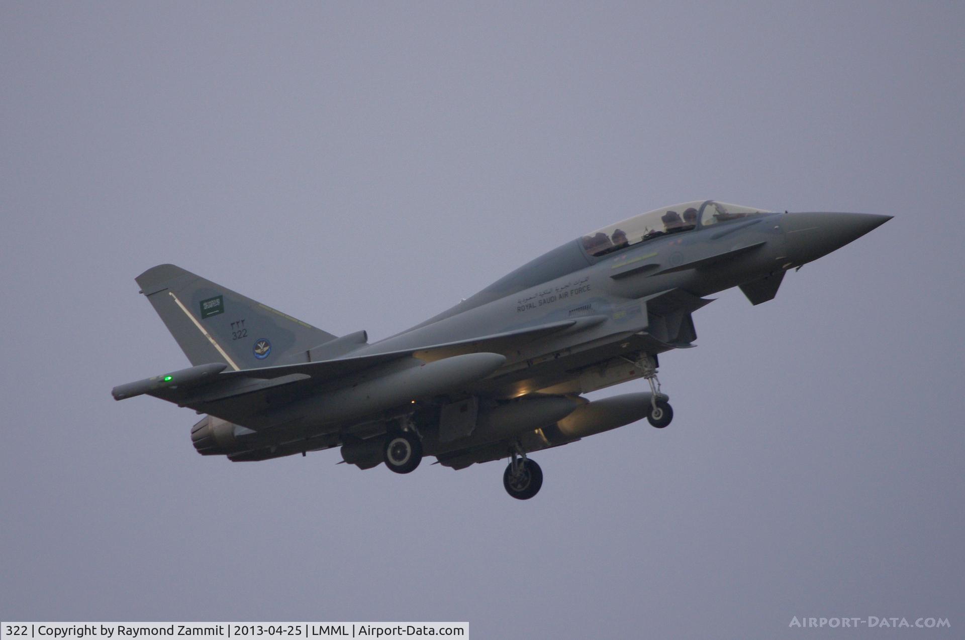 322, 2013 Eurofighter EF-2000 Typhoon T3 C/N CT012, Eurofighter EF2000(T) 322/ZK090 of Royal Saudi Air Force seen passing through Malta on it's delivery flight from Warton to Saudi Arabia.