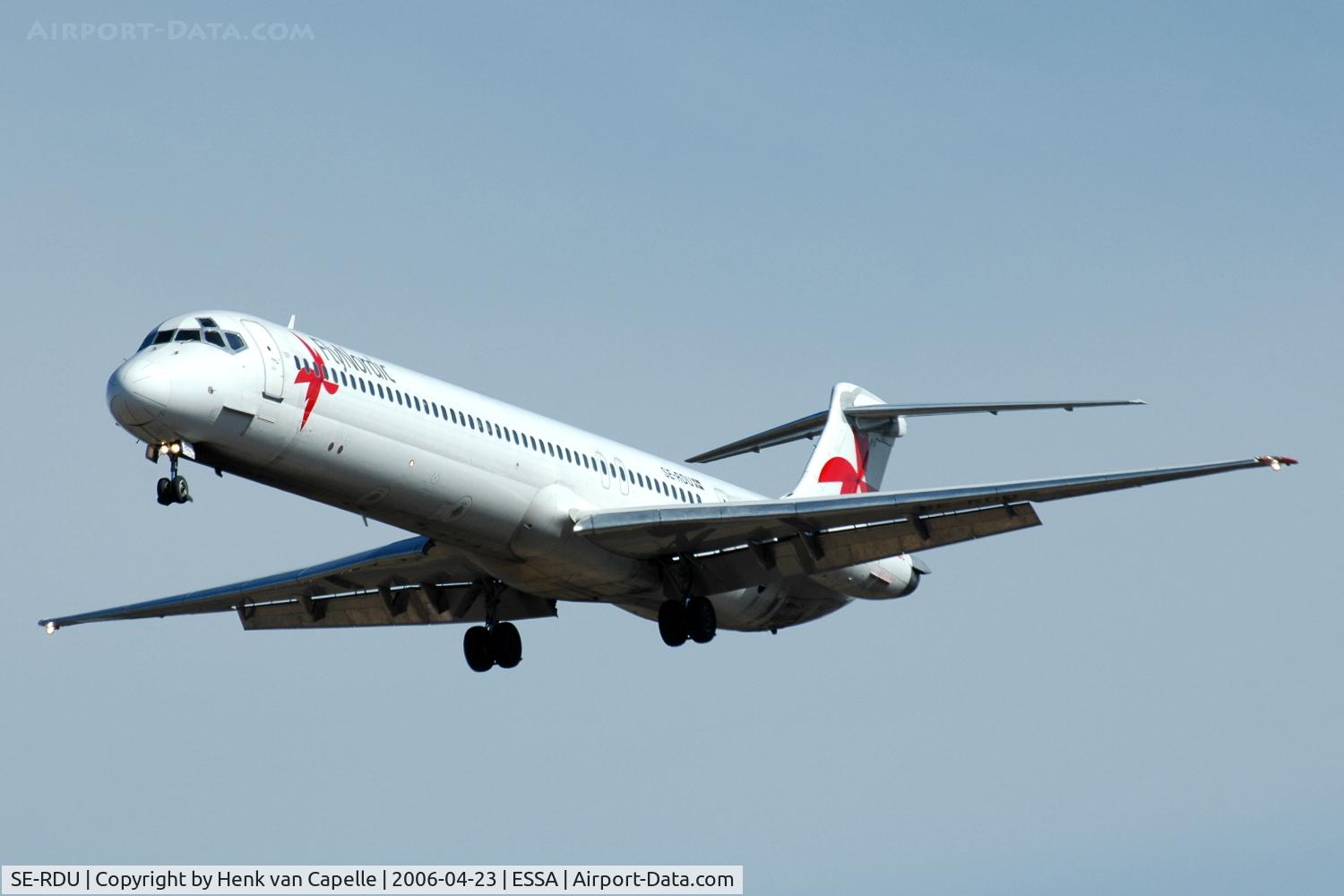 SE-RDU, 1985 McDonnell Douglas MD-82 (DC-9-82) C/N 49372, FlyNordic MD-82 approaching Stockholm Arlanda airport, Sweden.