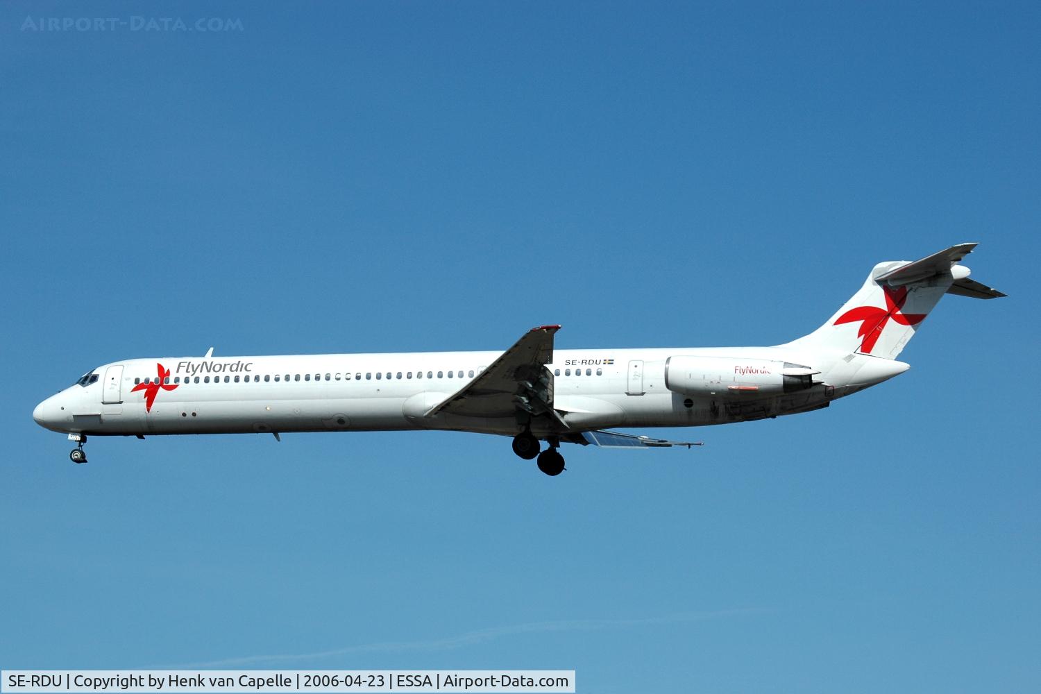 SE-RDU, 1985 McDonnell Douglas MD-82 (DC-9-82) C/N 49372, FlyNordic MD-82 approaching Stockholm Arlanda airport, Sweden.