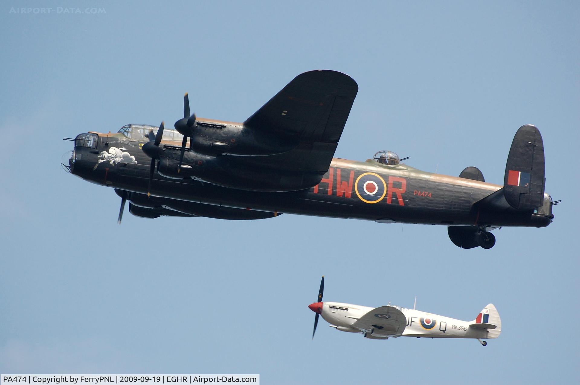 PA474, 1945 Avro 683 Lancaster B1 C/N VACH0052/D2973, Lancaster joined by Spitfire(MK356 cn CBAF.IX.1561) and Hurricane (not in pic), together the Battle of Britain Memorial Flight. Display at Goodwood 2009.