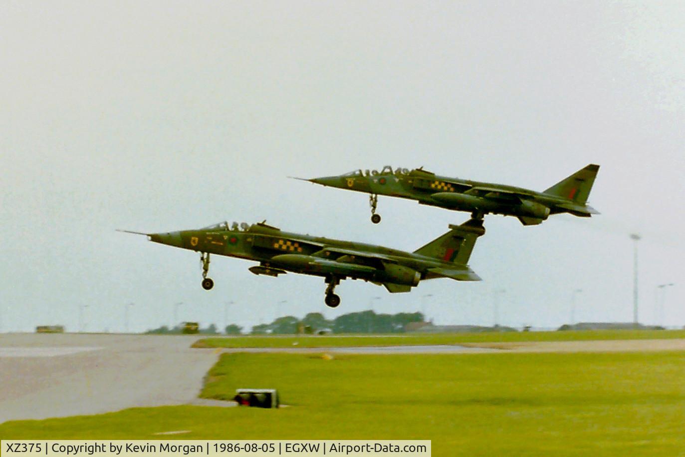 XZ375, 1976 Sepecat Jaguar GR.1A C/N S.142, XZ375/GB 54 Sq Landing with XX146 at RAF Waddington Tactical Fighter Meet 05/08/86