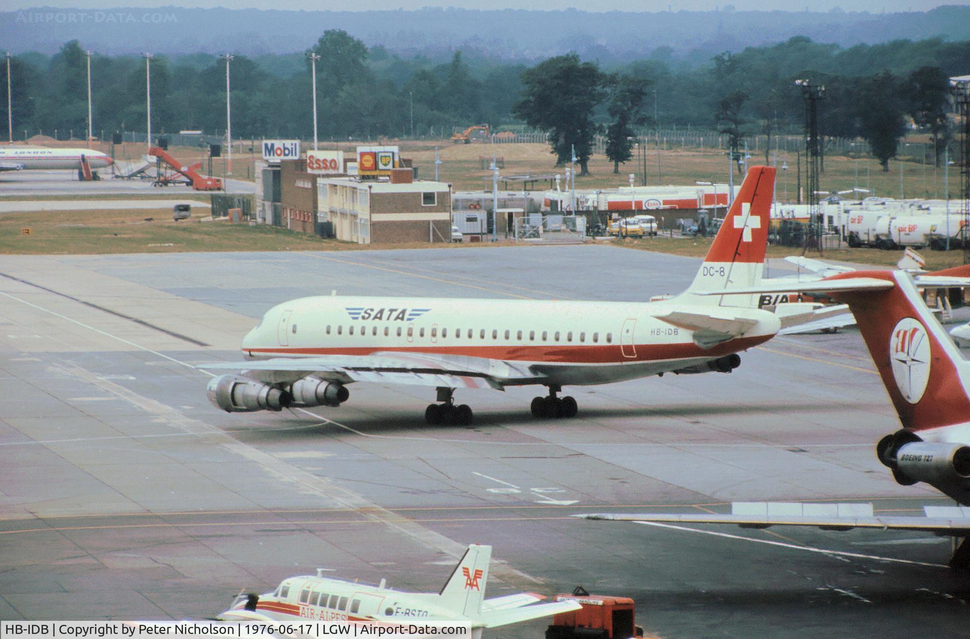 HB-IDB, 1960 Douglas DC-8-53 C/N 45417, DC-8-53 of SATA departing from Gatwick in the Summer of 1976.