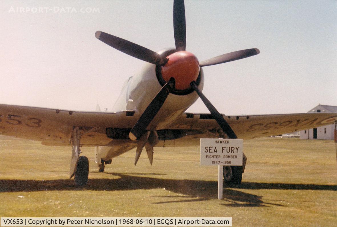 VX653, 1949 Hawker Sea Fury FB.11 C/N Not found G-BUCM/VX653, Sea Fury FB.11 gate guardian at RNAS Lossiemouth in the Summer of 1968.