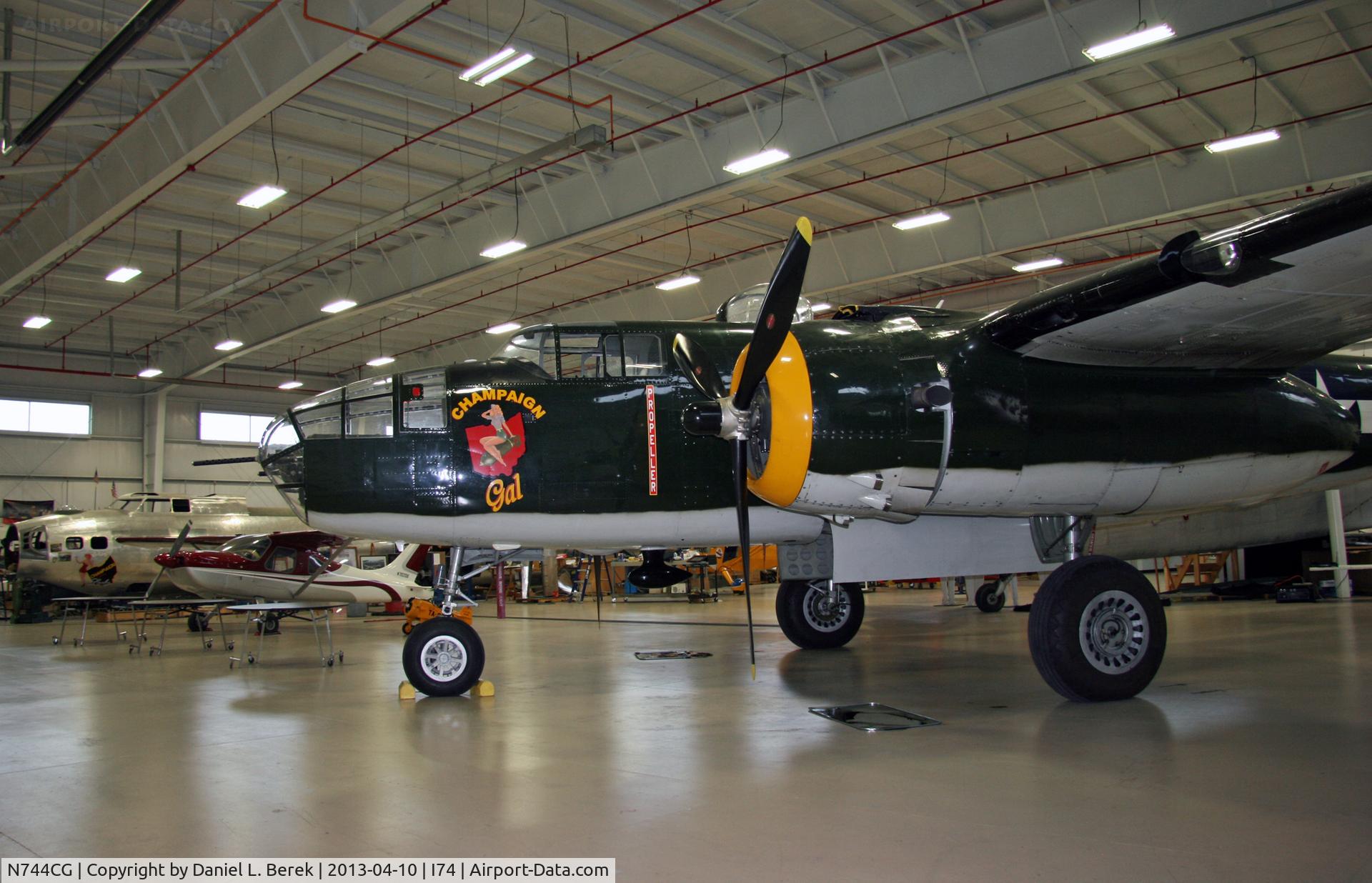N744CG, 1944 North American B-25N Mitchell C/N 108-32141, This beautifully restored airworthy B-25 rests at the Champaign Aviation Museum, showing off her colorful nose art.