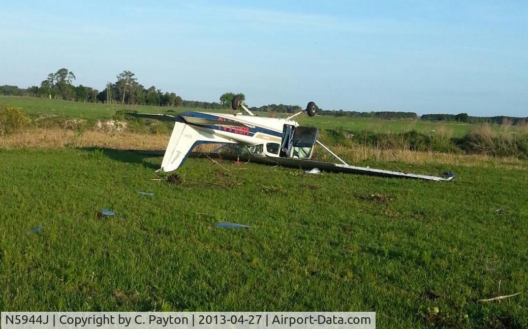 N5944J, Cessna 172N C/N 17273846, N5944J was heavily damaged (destroyed) after making a dead-stick landing in an open field in Dade City, Florida, on 4/27/2013.  The occupants were able to walk away.  The cause remains under investigation (FAA # 2013-A013-N5944J).