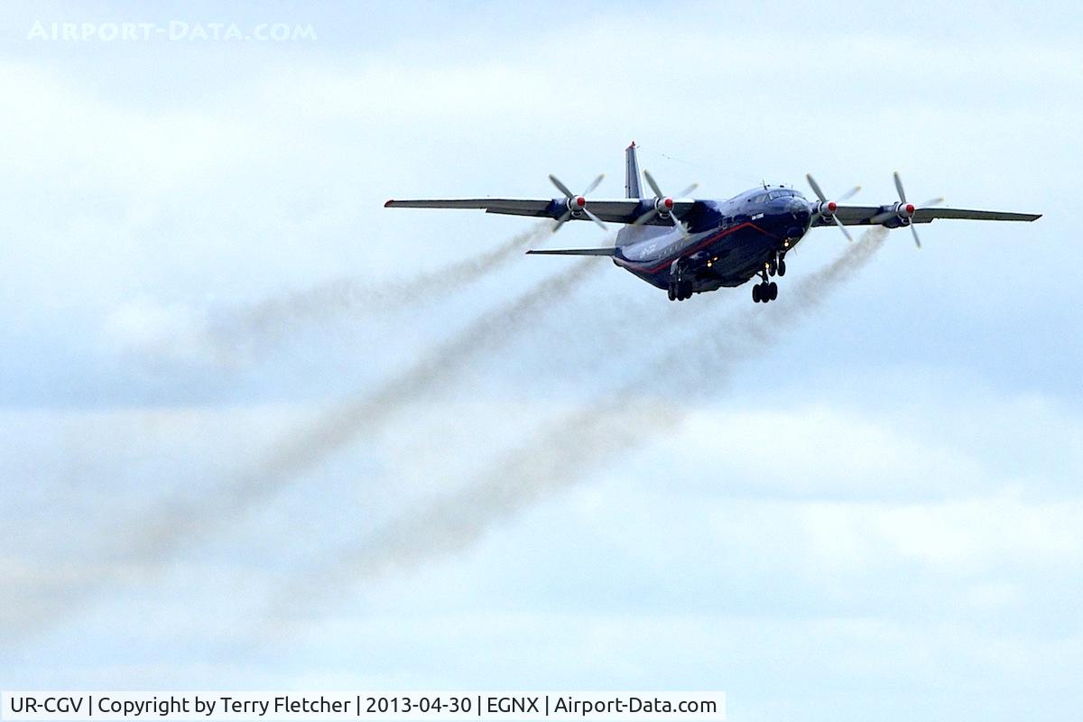 UR-CGV, 1966 Antonov An-12BP C/N 6344610, Antonov An-12BP, c/n: 6344610 departing East Midlands