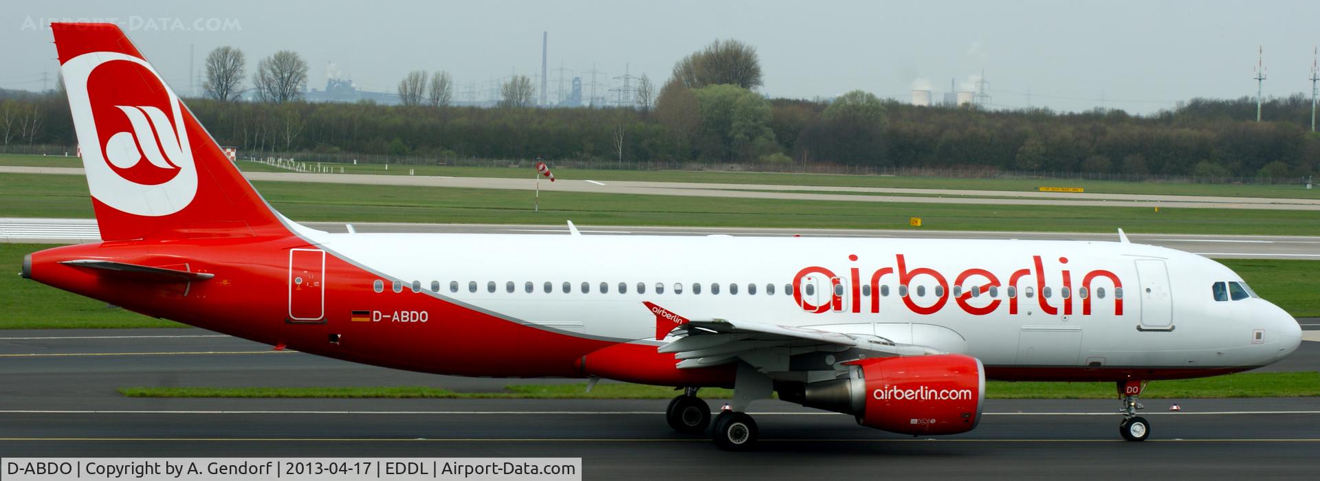 D-ABDO, 2007 Airbus A320-214 C/N 3055, Air Berlin, is taxiing to Runway 23L for departure at Düsseldorf Int´l (EDDL)