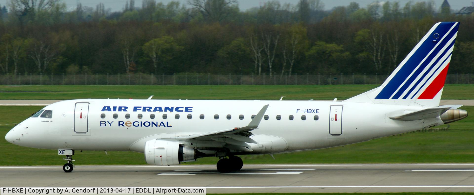 F-HBXE, 2009 Embraer 170ST (ERJ-170-100ST) C/N 17000286, Regional (Air France cs.), is speeding up on RWY 23L at Düsseldorf Int´l (EDDL)