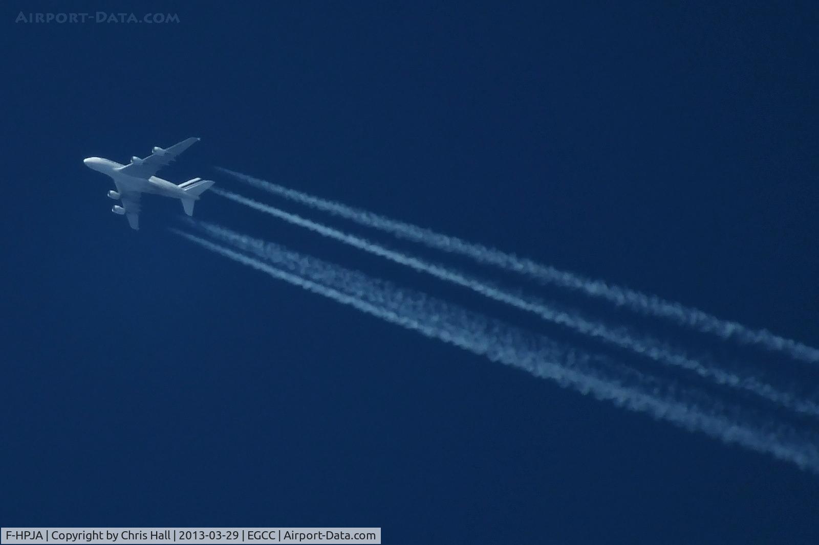 F-HPJA, 2010 Airbus A380-861 C/N 033, Air France A380 high over Manchester airport