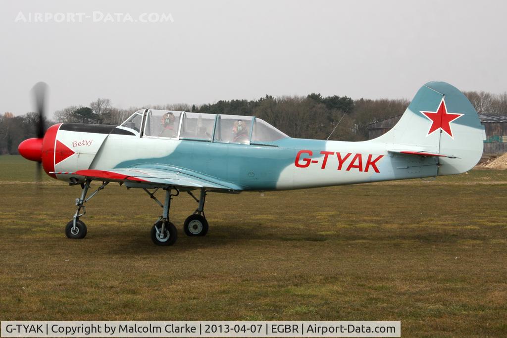 G-TYAK, 1989 Bacau Yak-52, c/n 899907, Bacau Yak-52 at The Real Aeroplane Club's Spring Fly-In, Breighton Airfield, April 2013.