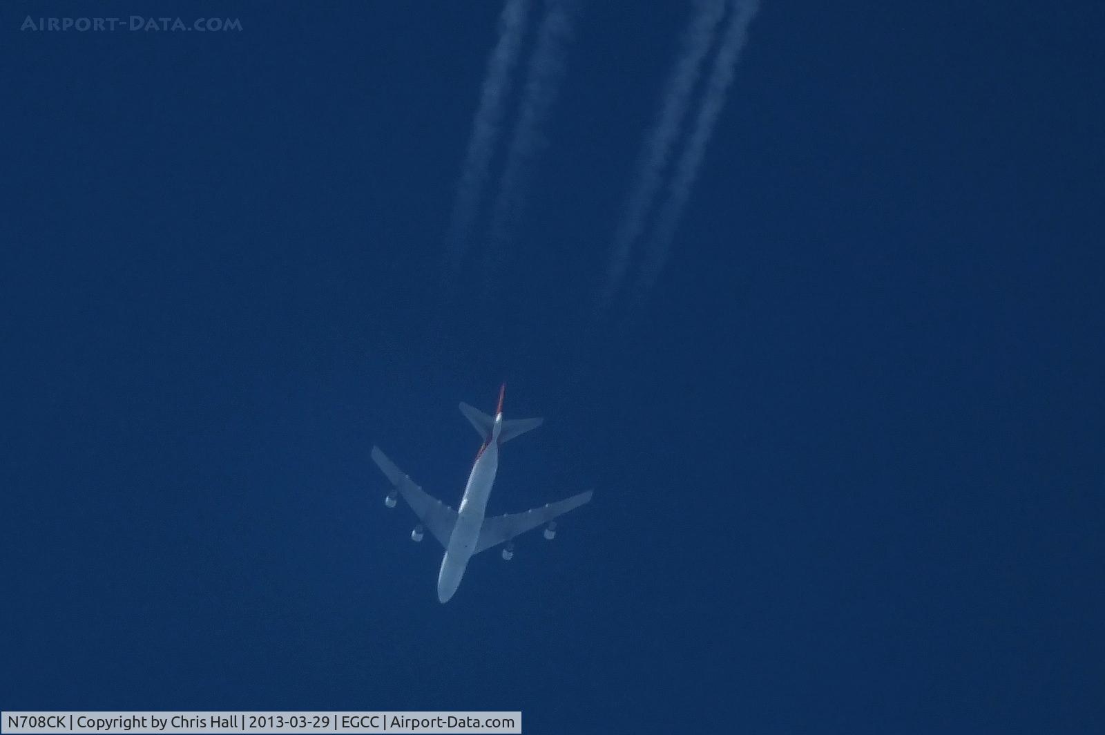 N708CK, 1980 Boeing 747-212B C/N 21937, Kalitta Air B747 high over Manchester Airport