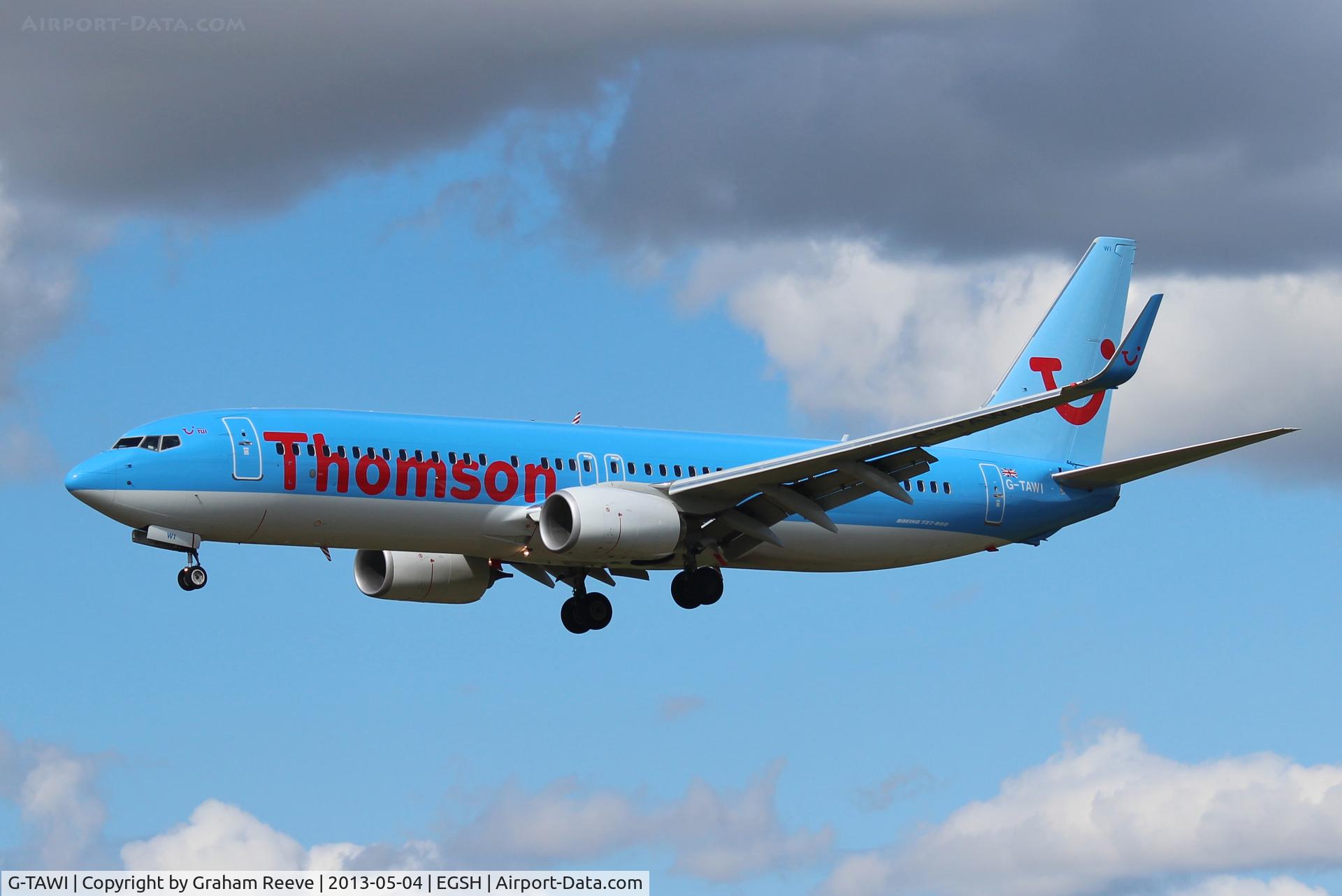 G-TAWI, 2012 Boeing 737-8K5 C/N 37267, About to land at Norwich.