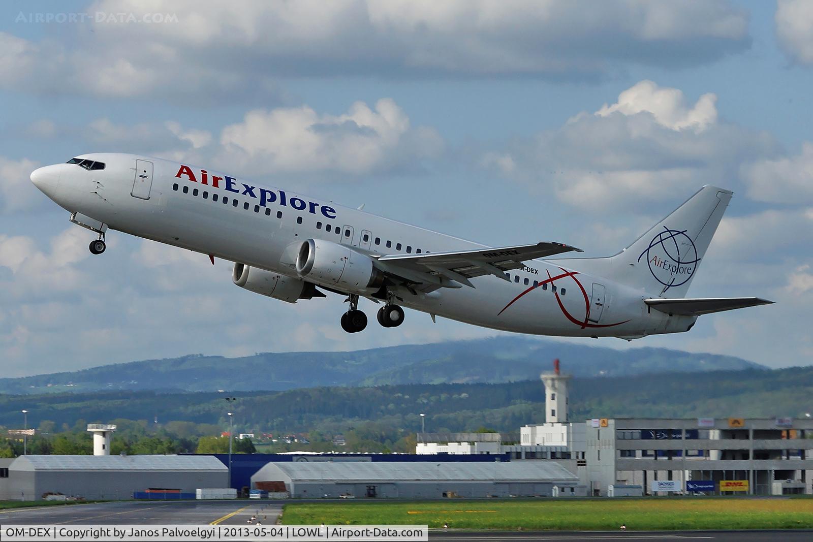 OM-DEX, 1997 Boeing 737-46J C/N 28867, Air Explore Boeing B737-463 take off in LOWL/LNZ