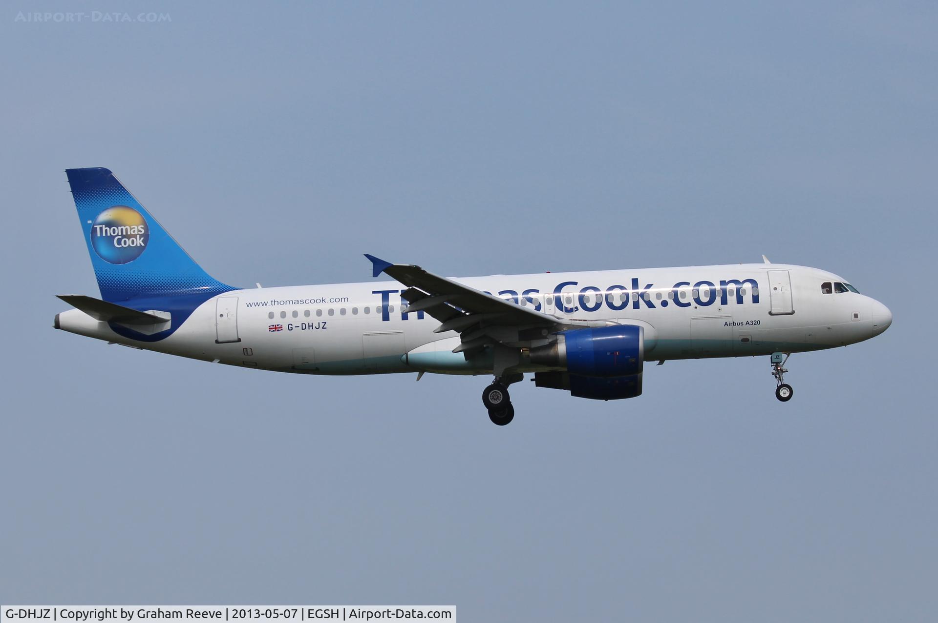 G-DHJZ, 2003 Airbus A320-214 C/N 1965, About to touch down on runway 09.