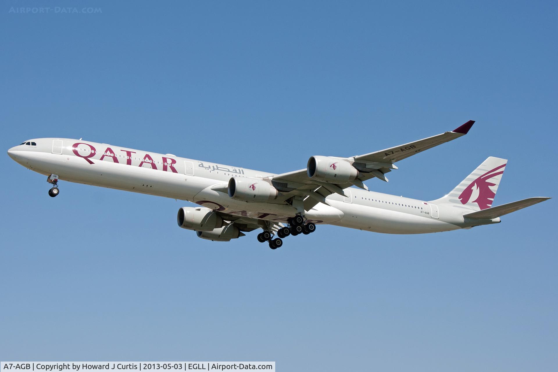 A7-AGB, 2005 Airbus A340-642X C/N 715, Qatar Airways, on approach to runway 27L.