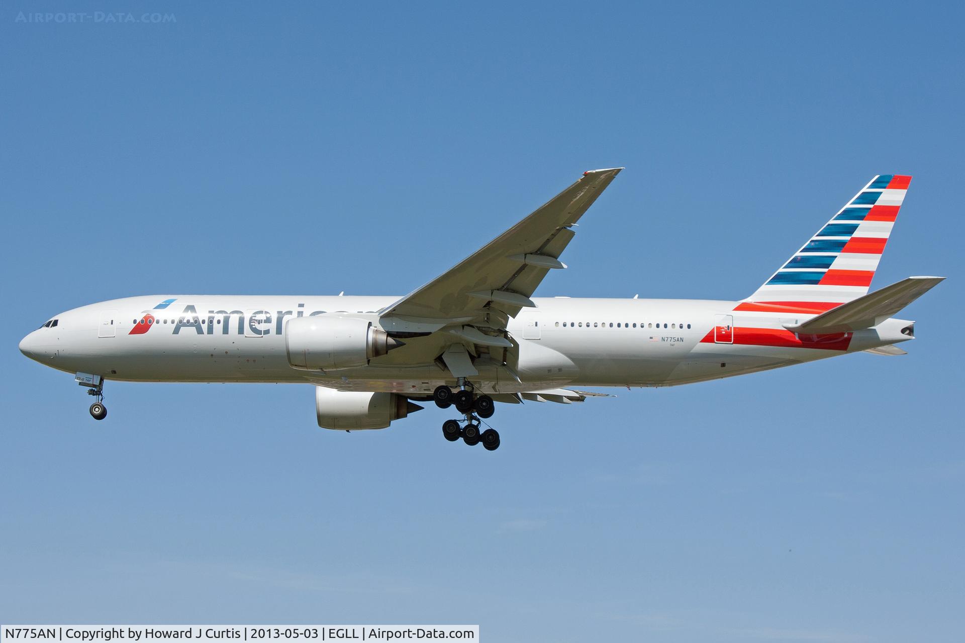 N775AN, 1999 Boeing 777-223 C/N 29584, American Airlines, on approach to runway 27L. Now painted in new colours.