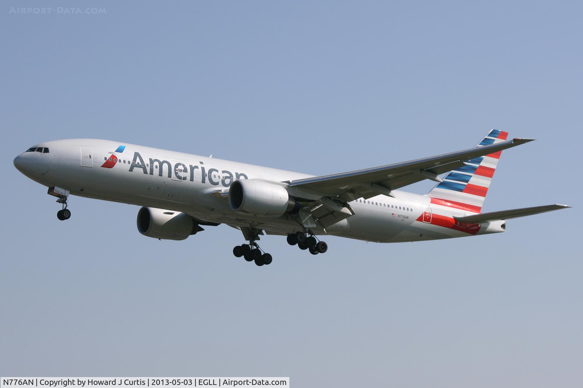 N776AN, 1999 Boeing 777-223 C/N 29582, American Airlines, on approach to runway 27L. Now painted in new colours.