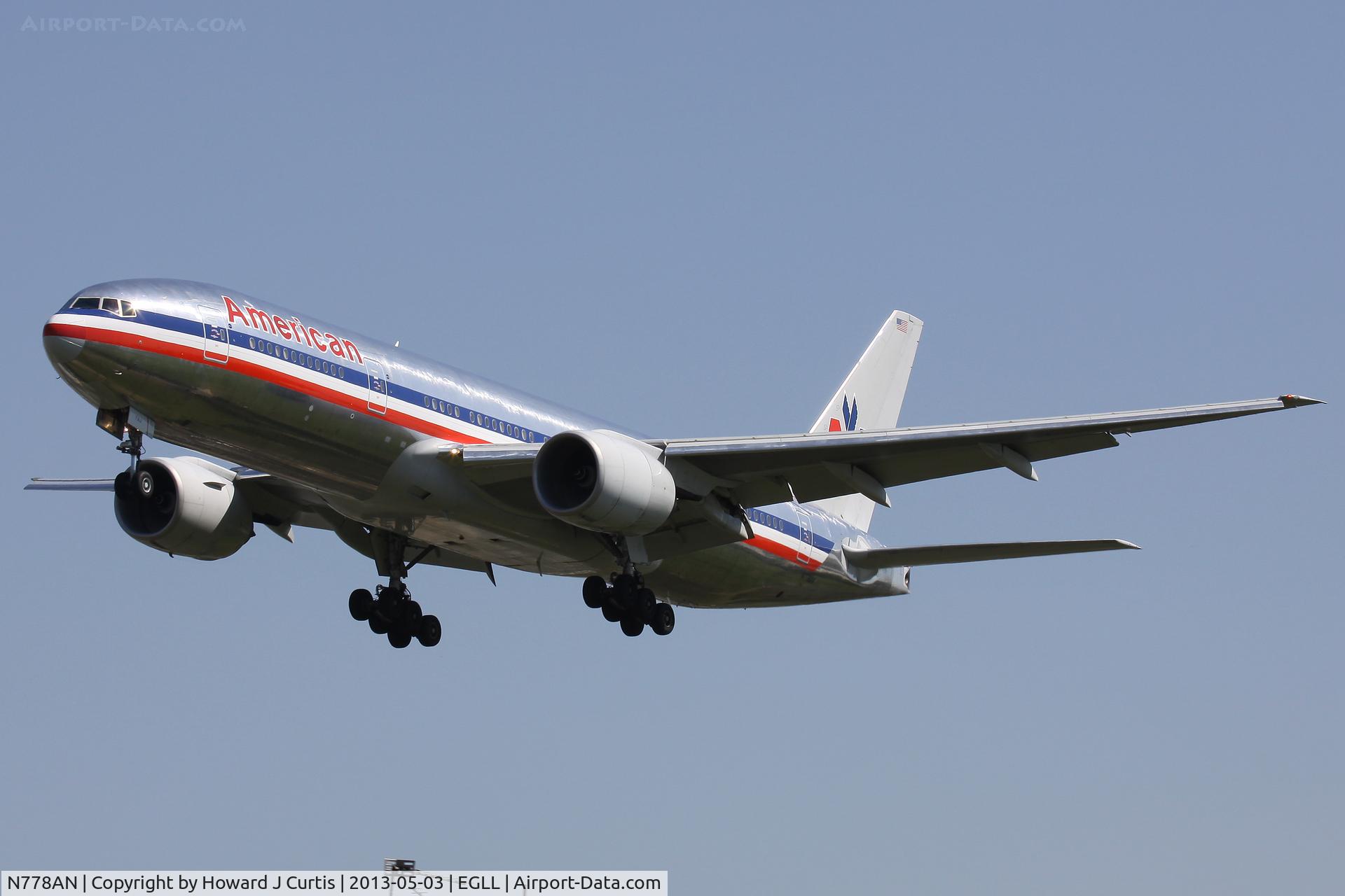 N778AN, 1999 Boeing 777-223 C/N 29587, American Airlines, on approach to runway 27L.