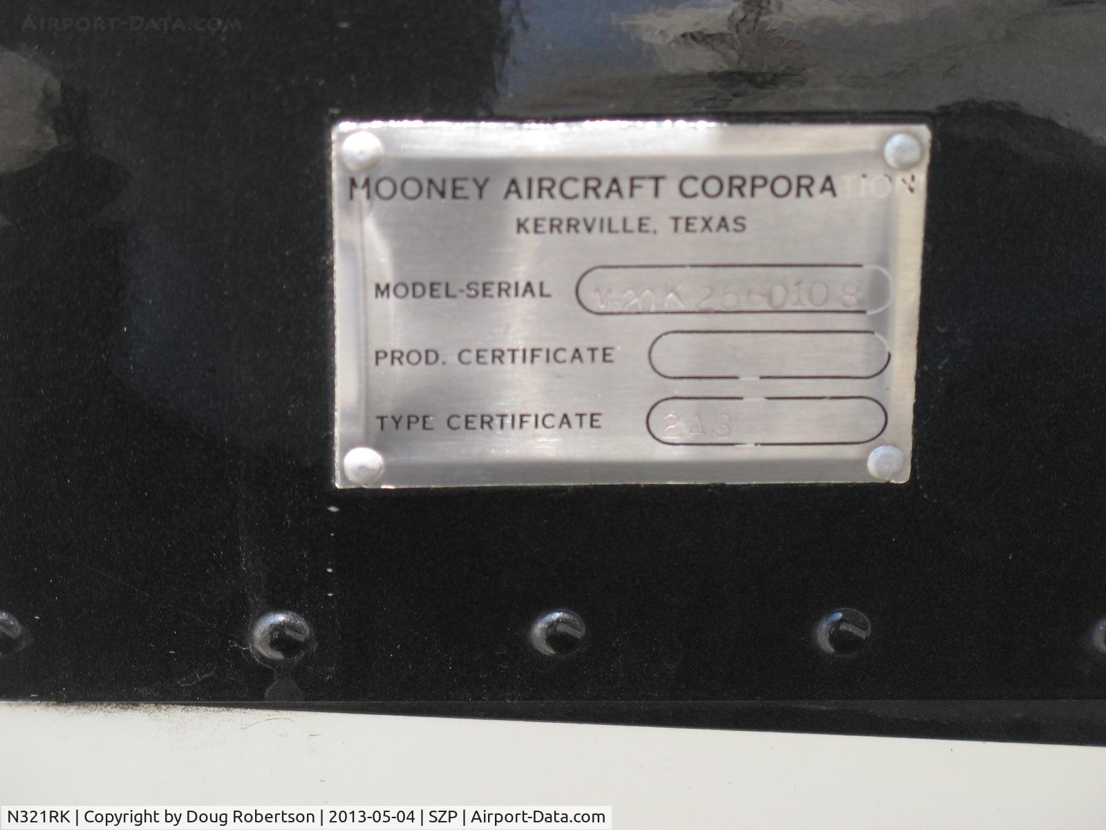 N321RK, 1979 Mooney M20K C/N 25-0108, 1979 Mooney M20K 321, Continental TSIO-360-GB 210 Hp, 1st Mooney with 6 cylinder engine, turbocharged with Rajay fixed wastegate, cruise advantages are at oxygen altitudes, data plate