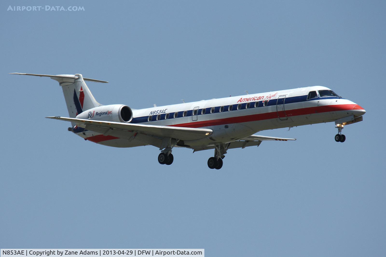 N853AE, 2003 Embraer ERJ-140LR (EMB-135KL) C/N 145742, American Eagle landing at DFW Airport