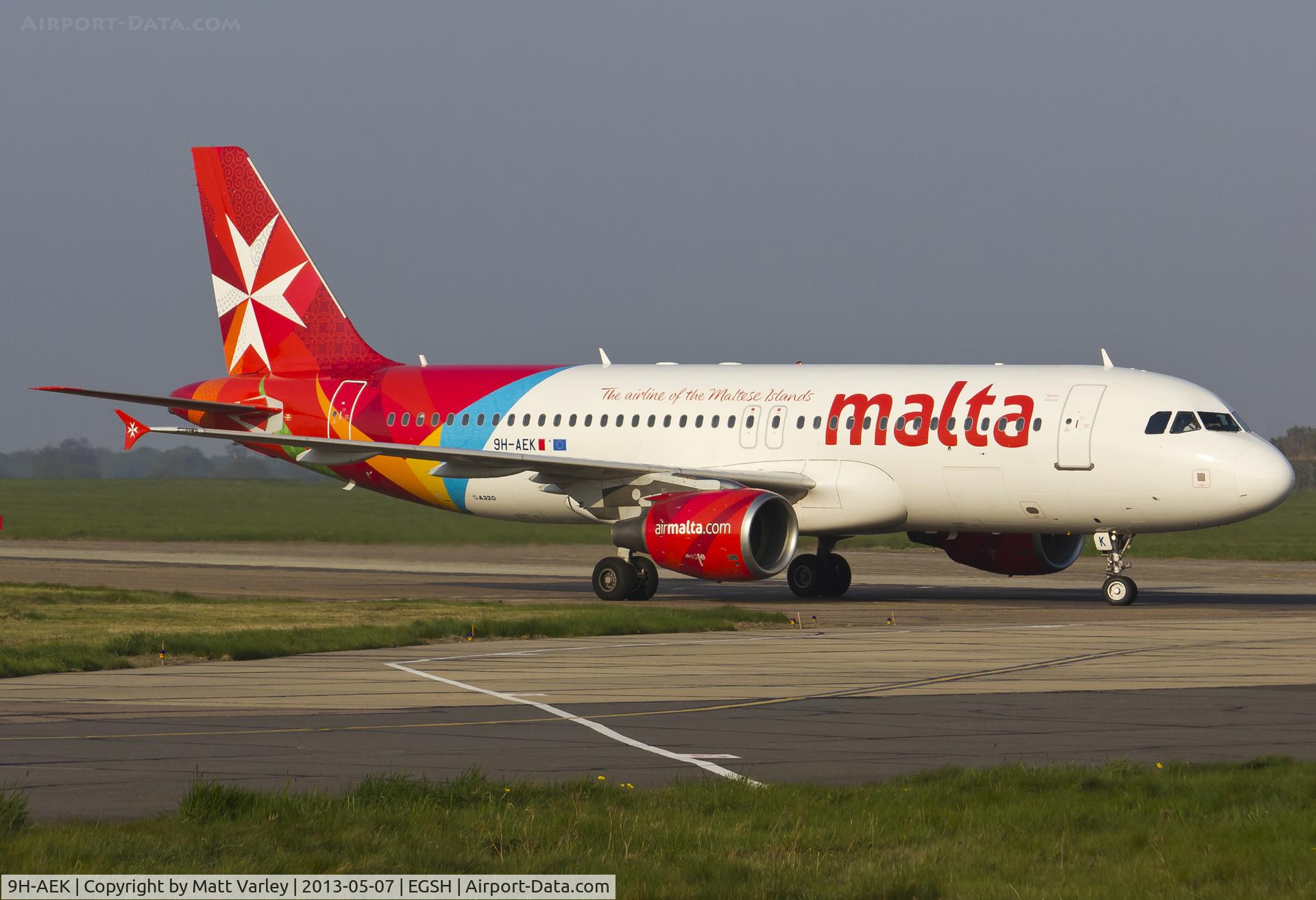 9H-AEK, 2004 Airbus A320-211 C/N 2291, Arriving at EGSH for the first Malta flight of the summer.