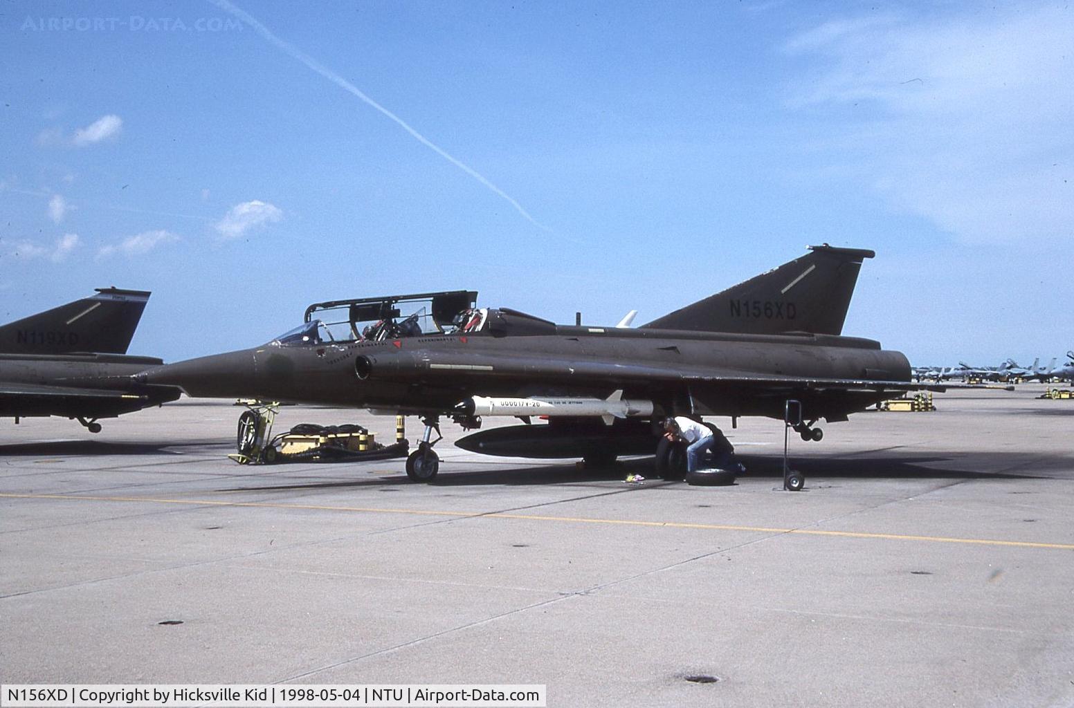 N156XD, 1976 Saab F-35 Draken C/N 35-1156, This aircraft crashed at NTU 26 Jun 1998 about 2 months after this shot was taken. My camera was used to document the crash by the pilot but he kept the film. This aircraft was used to train the fleet offshore. The white pod is an electronic pod.