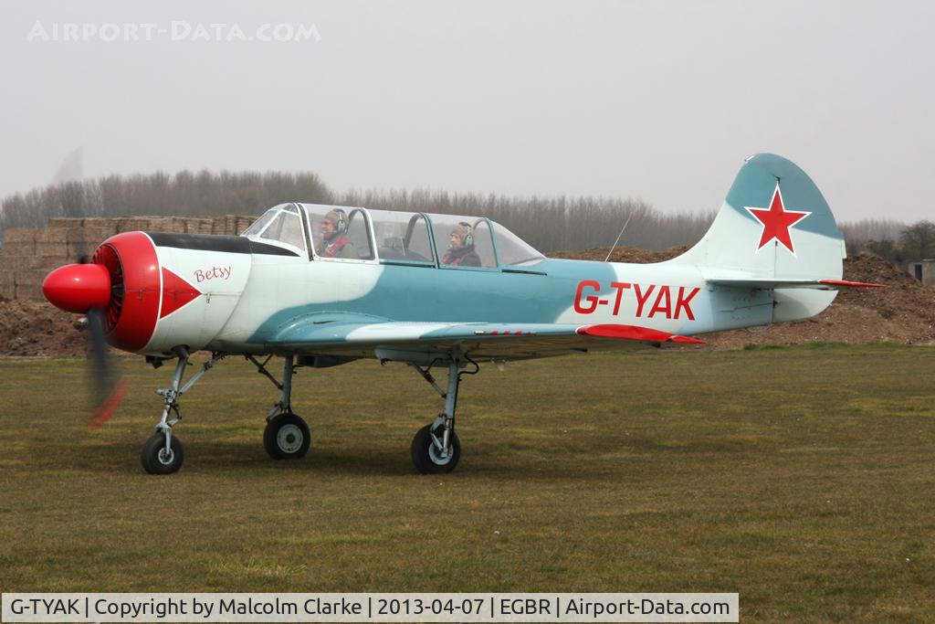 G-TYAK, 1989 Bacau Yak-52 C/N 899907, Bacau Yak-52 at The Real Aeroplane Club's Spring Fly-In, Breighton Airfield, April 2013.