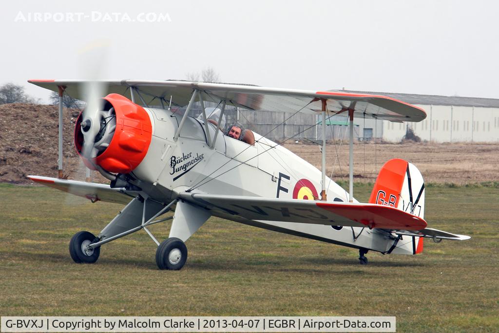 G-BVXJ, 1937 Bucker Bu-133C Jungmeister C/N E-19, CASA 1-133C Jungmeister at The Real Aeroplane Club's Spring Fly-In, Breighton Airfield, April 2013.