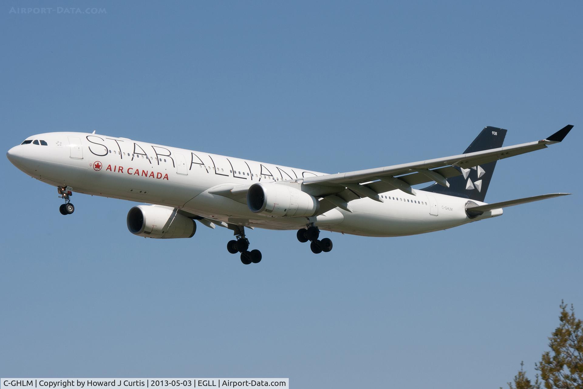 C-GHLM, 2001 Airbus A330-343 C/N 0419, Air Canada (Star Alliance colours), on approach to runway 27L.
