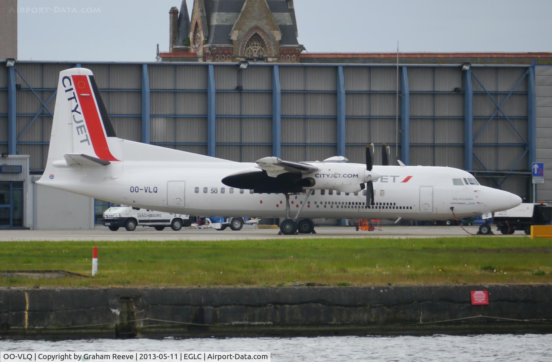 OO-VLQ, 1989 Fokker 50 C/N 20159, Parked at London City airport.