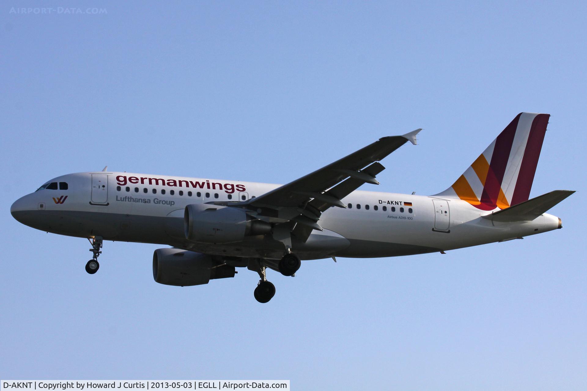 D-AKNT, 2005 Airbus A319-112 C/N 2607, Germanwings (new colours), on approach to runway 27L.